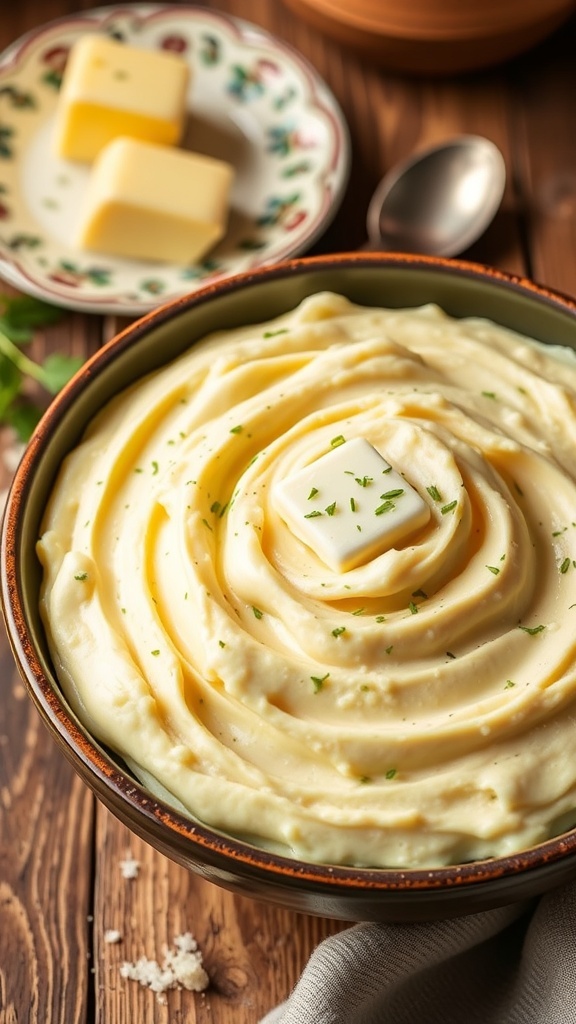 A bowl of creamy mashed potatoes topped with butter and herbs on a rustic table.
